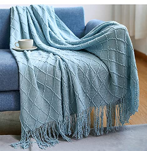 Kuscheldecke Wohndecke Flauschig Blau Hellblau Gestrickt Tagesdecke Grob Wendedecke Kuscheldeck Sofadecke Couchdecke Strickdecke Sofa Bett Überwurf 130 x 230 cm Sofaüberwurf mit Fransen Bedspread