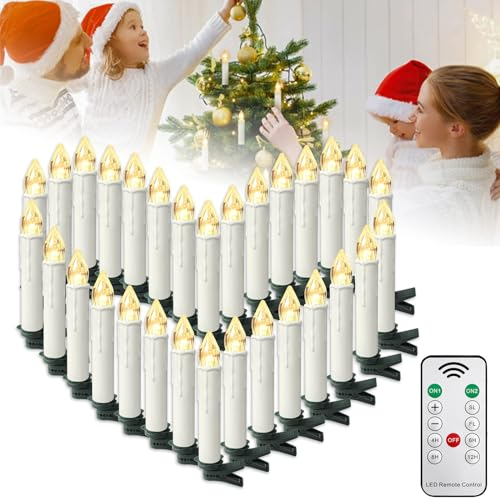 XMTECH 30 Stück Kabellos LED Kerzen Weihnachtskerzen Warmweiß mit Clips&Fernbedienung,Christbaumkerzen für Weihnachtsdeko, Hochzeitsdeko, Party, Warmweiß