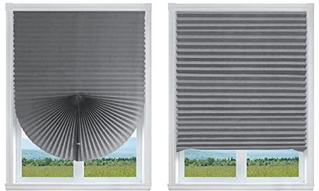 2 Pack No Drill Blinds Pleated Fabric Blind Light Filtering Shade Instant Stick on Window Blinds for Bedroom Kitchen Bathroom Office Window with 4 Clips (Grey - 2 Packs, 90 * 150cm/35 x 59 Inch)