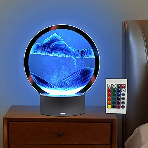 Peinture De Sable Qui Coule Lampe avec Télécommande, Sablier Liquide, Lampe Sable Mouvant 7 Couleurs de Paysage Naturel Sablier 3D, Sablier Deco, Sablier Magique (Bleu)