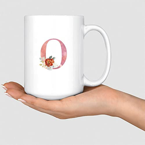 Kaffeetasse mit Blumen-Monogramm, Buchstabe O, Rosa, Aquarell, Keramik, Kaffeetasse, Weihnachtsbecher, Winterbecher, traditionelle Weihnachtstassen, 425 ml