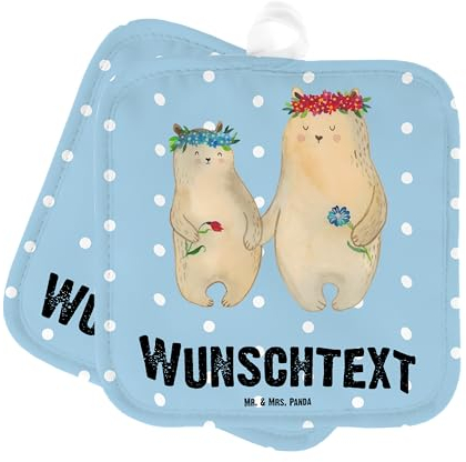 Mr. & Mrs. Panda Personalisierte Topflappen Bären mit Blumenkranz - Personalisierte Geschenke, Mama, Vorbild, Freundinnen, Tochter, Geschenk Mama.