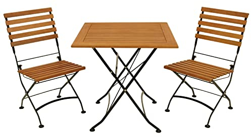 DEGAMO Garten Sitzgruppe Klappgarnitur HOFGARTEN 3-teilig (2X Klappstuhl, 1x Tisch 75x75cm), Stahl schwarz pulverbeschichtet, Eukalyptus Holz braun geölt, FSC®-Zertifiziert, Outdoor