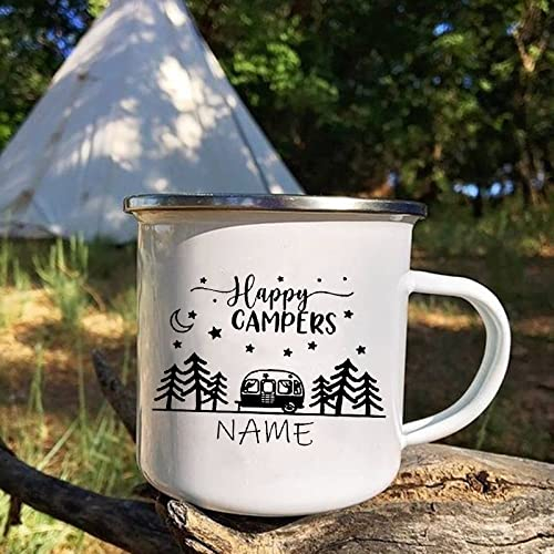 CECE&COLE Taza De Camping Personalizada con Su Nombre-DIY Happy Campers Campfire Esmalte Tazas,Tazas Glamping Personalizadas Boda Camper Mango Café Taza De Vino Regalos,Blanco,360Ml