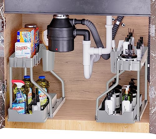 Puricon 2 Pack Under Sink Organizer, 2-Tier L-Shape Sliding Under Sink Organizers and Storage, Under Counter Storage Organizer Pull Out Under Sink Storage for Kitchen Bathroom -Grey