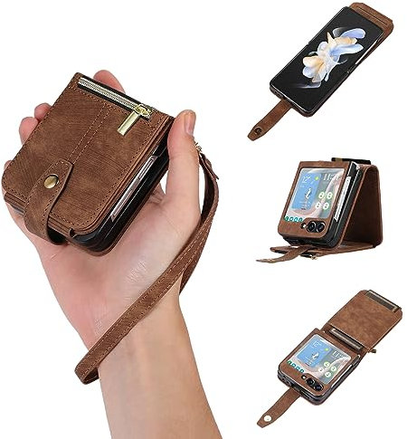 UEEBAI Hülle für Samsung Galaxy Z Flip 5 5G, 3 Kartenfäche Retro Leder Geldbörse Stoßfest Flip Case mit Handschlaufe Standfunktion Reißverschluss Handyhülle Magnetverschluss Wallet– Retro Braun