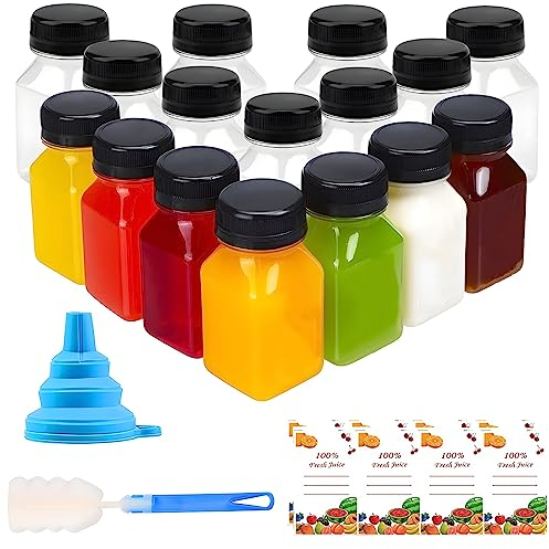 wordmouk Lot de 16 Bouteilles de Jus en Plastique à Remplir avec Couvercles 120ml / 4oz Mini Bouteilles de Shot Bouteilles Vides Réutilisables avec étiquette Entonnoir et Brosse