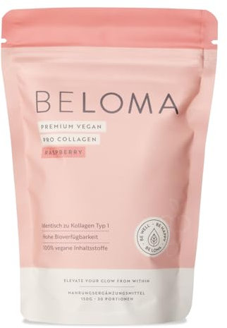 BELOMA Vegan Pro Collagen Pulver - Kollagen Typ 1 Komplex mit höchster Bioverfügbarkeit - schnelle Löslichkeit, fruchtiger Geschmack - VeCollal® Wirkstoff hochdosiert - Himbeere [30 Portionen]