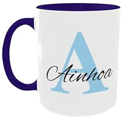 C&P Taza Personalizada blanco brillo con asa e interior color, con Inicial y Nombre de cerámica 350 ML (AZUL MARINO)