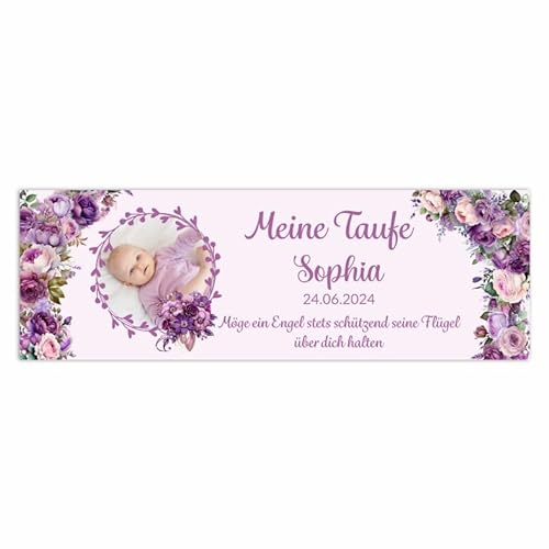 FOTOFOL Banner personalisiert mit Foto und Wunschtexte - Banner Taufe oder Kommunion - 225x75cm oder 150x50cm (Style 3)