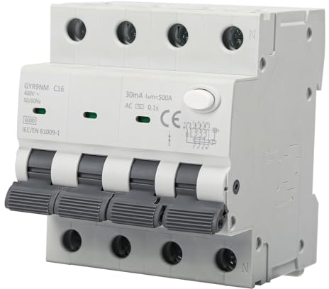 Interruttore Magnetotermico Differenziale 16A 30MA 3P+N Salvavita RCBO 6KA MCB corrente di errore AC 400V con protezione da sovraccarico e cortocircuito montaggio su guida DIN.