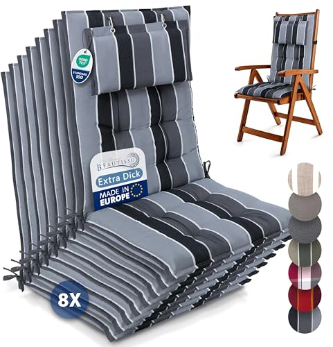 Beautissu 8er Set Premium Hochlehner Auflage Kopfpolster Stoff robust | 120x50cm 8cm dick Anthrazit gestreift robust Polster Befestigungsbänder UV-Lichtechtheit 5 Gartenstuhlauflage Garten Sun-HL