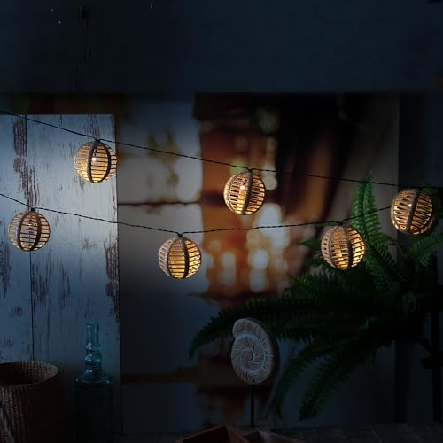 MARELIDA LED Solar Lichterkette Kugeln - 10 Kugeln in Rattanoptik - L: 2,7m - Lichtsensor - braun