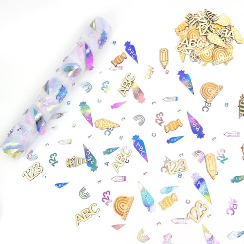 Tischläufer für Einschulung 28cm x 300cm,Schuleinführung Tischdeko,Schulanfang Deko,Tischband mit Zuckertüten 123 ABC,Das Set enthält 42 Stück Schulkind Konfetti Holz,Einschulung Deko Tischdeko