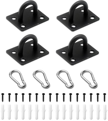 Eye Plate, 4 Pack Pad Eye Plate Stainless Steel Ceiling Hooks Heavy Duty M6 D Rings and Carabiner Clips U-Shaped Metal Staple Eye Hooks with Screws