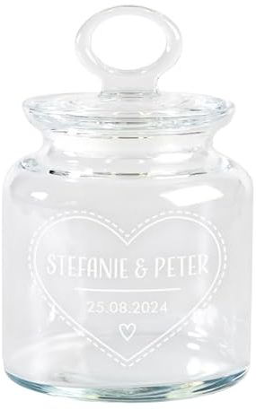 Keksglas zur Hochzeit (Herz,klein)| optional mit Wunschnamen personalisiert | Bonbonglas mit verschiedenen Motiven | Geschenkidee für das Brautpaar | Hochzeitsgeschenk