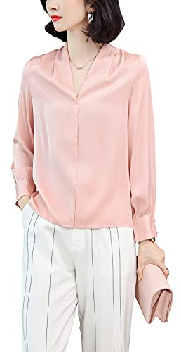 E-Girl Chemise en Soie Rose Unie Manches Longues Col V Blouse À Pulls Soie Femme,XL,S3365