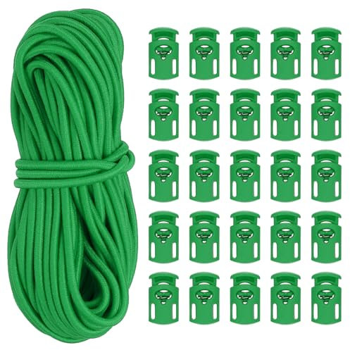 PATIKIL 10 Yard Elastic Bungee Cord & Single Hole Cord Lock, 25 Pack Plastic Oval Spring Toggle Stopper for Paracord Drawstring Shoelace Clothing Backpack Bags, Green