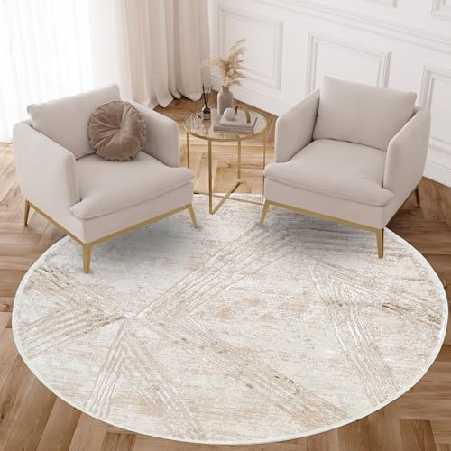 TAPISO Crystal Rund Teppich Glänzend Kurzflor Creme Braun 200 x 200 cm | Linien Design Verwischt Muster 3D Effekt Wohnzimmer Schlafzimmer Flur Modern OEKO-TEX