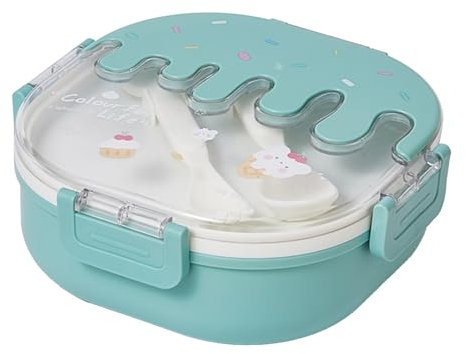 Beufee Lunchbox, Lebensmittelbehälter mit 3 Fächern, geteilt, niedliche Lunchbox, Lebensmittel-Lunchbehälter mit Gabel und Löffel für Schule, Arbeit, Reisen (Green)