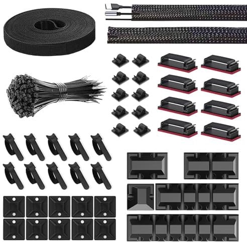 Cable Management Kit, 146Pcs Black Cable Tidy for Home Office Under Desk- 100 Cable Ties, 5 Upgrade Silicone Cable Holder, 2 Cable Sleeve, 28 Adhesive Cable Clips, 1 Roll Cable Organiser Straps etc