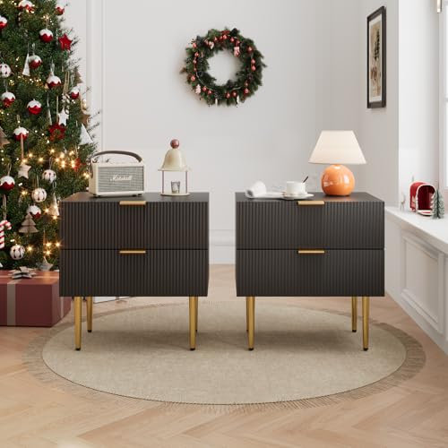 Schwarzer Nachttisch, Mitte des Jahrhunderts, Nachttisch mit 2 gewellten Schubladen mit geriffelten Paneelen, Nachttisc h mit goldfarbenen Metallbeinen, Schlafzimmer-Set, breiter Zwei Carmens