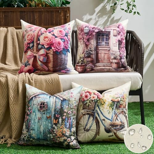 Dorunfeey 4er Set wasserdichte Kissenbezug 40 x 40 cm Blumen Muster Kissenbezüge Leinenoptik Outdoor Kissen Set Sofakissen Dekorative für Balkon Terrasse Garten Outdoor Deko
