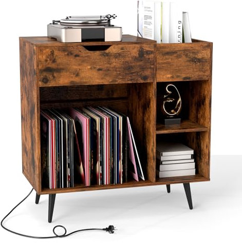 COSTWAY Mesa Auxiliar para Tocadiscos, Soporte para Tocadiscos con 1 Puerto USB y 1 Tipo-C, Armario de Tocadiscos, Estante Metálica para Álbumes, Estantería de Discos de Vinilo para Salon Dormitorio