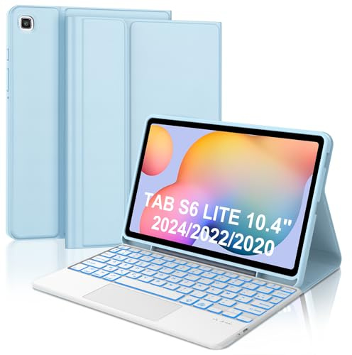 WAVATA Clavier pour Samsung Galaxy Tab S6 Lite 10.4 Pouces 2024/2022/2020 | Étui Clavier pour Tab S6 Lite avec Pavé Tactile Rétroéclairées Bluetooth Magnétique Français AZERTY Layout, Bleu