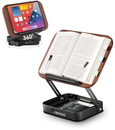 viozon Book Stand, Reading Stand, Book Holder, with Storage Box, Adjustable, 360° Rotating Base