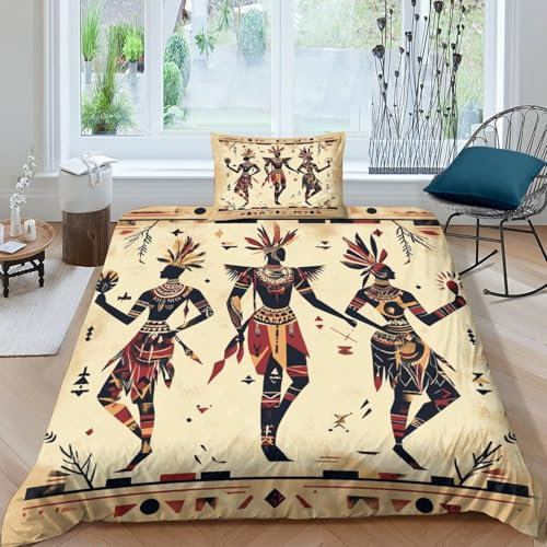 kaiyun Traditionelle Stammesfiguren Bettwäsche-Set, 3D Druck Alte Folklore, Microfaser 3 Teiliges, Kopfkissenbezug + Bettbezug,für Erwachsene Kinder Single（135x200cm）