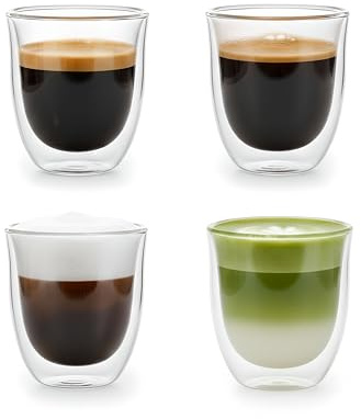 150ml / 5oz Double Walled Coffee Glasses, Set of 4 - Clear Espresso Cups for Cortado, Lungo & Flat White - Thermal Insulated Glassware Compatible with De'Longhi & Sage Machines