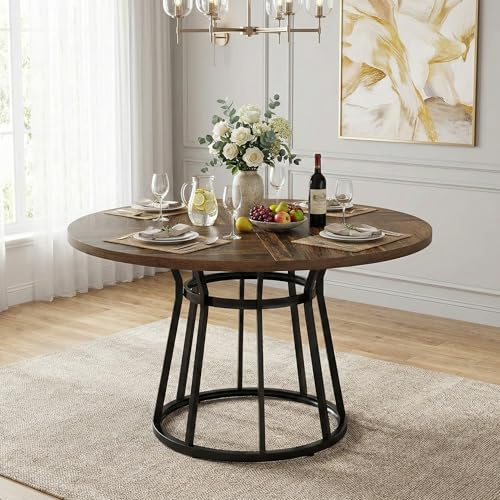 Lailang 120cm Esstisch Rund, Küchentisch Holz, Esszimmertisch Modern, Dining Table for 4, Großer Runder Esstisch, 120 x 120 x 75 cm, Natur/Schwarz