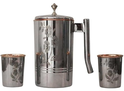 Brocca in acciaio inox e rame puro con 2 bicchieri abbinati per benefici per la salute dell'Ayurveda (incisione con manopola in ottone)