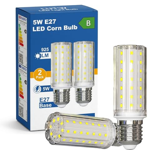 LUTW Energieklasse B E27 LED Kaltweiss, 5W Maiskolben Leuchtmittel, 2 Stück | Kaltweiß 6000K E27 Mais Birne, Ersetzt 90 Watt Glühlampe, Extra Hell 925LM, für Tischlampe Wandlampe Kronleuchter Stehlampe