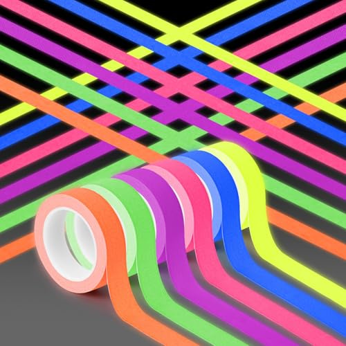 AYBUY Neon Klebeband, 6er-Pack Fluoreszierendes Gewebeklebeband, 1.5 cm x 5 m, Darunter Orange, Lila, Pink, Blau, Gelb und Grün, Gewebebänder für Markieren des Bodens und Basteln