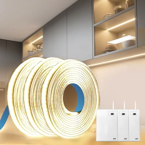 BAGZY Battery LED Strip Light COB 3 x 1M 5V Battery Powered LED Strip Tape Lights Natural White 4000K Self Adhesive Flexible Uniform Dotless Cuttable 320LEDs/M for Kitchen Mirror Bedroom Cabinet Decor