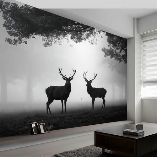 Générique Papier peint intissé photographie de nature 450L x 280H cm, Papier peint panoramique noir blanc forêt animaux cerfs - grandes poster mural photo pour salon chambre restaurant décor fond TV
