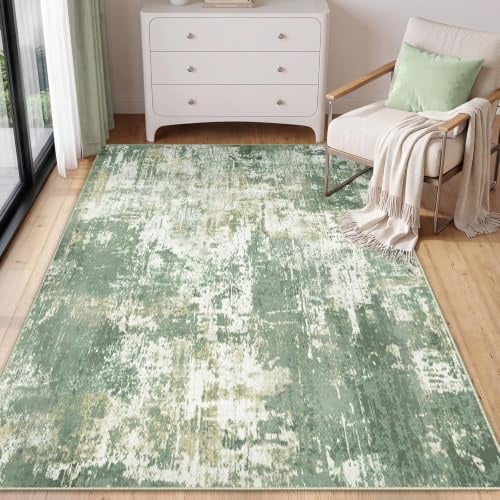 INOVADAY Abstrakt Waschbarer Teppich 90x150 cm Grün/Gelb | Teppich Wohnzimmer, Teppich Waschbar, Schlafzimmer, Esszimmer, Büro, Moderne Minimalistische, Kurzflor Weich Rutschfest, OEKO