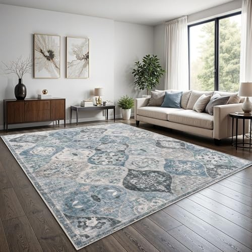 TT Home Boho Vintage Teppich Wohnzimmer Kurzflor - Retro Design, rutschfest & pflegeleicht, modern für Esszimmer & Flur Waschbar, Farbe:Türkis, Größe:240x340 cm