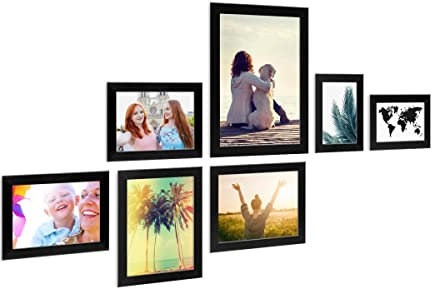 PHOTOLINI Bilderrahmen Set Schwarz, Fotorahmen Holz MDF, 7er Bilderrahmenset Wand Collage, photo frames for wall mit Acrylglas aufhängen, schwarze Bilderrahmen Set verschiedene Größen mit Zubehör
