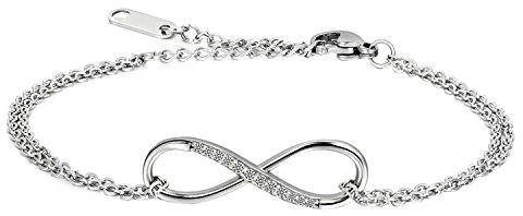 JewelryWe Unendlichkeitszeichen Armband Damen Edelstahl: Klassisch Infinity Unendlichkeit Lieben Zeichen Zirkonia Armkette Verstellbar Charm Armkettchen Armreif Geschenk für Frauen Mädchen Silber