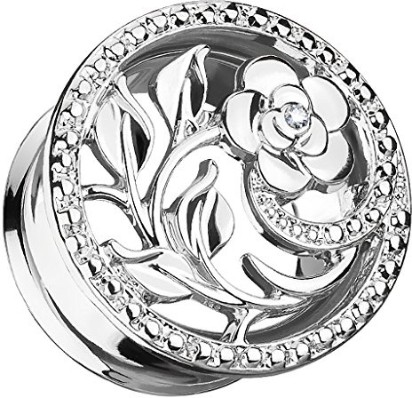 Piercingfaktor Flesh Tunnel Ohr Plug Edelstahl Piercing Ohrpiercing Vintage Tribal Ethno Boho Blume Ornament mit Strass Kristall 16mm Silber