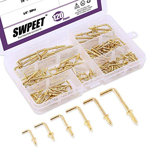 Swpeet 120PCS Kit di Ganci Quadrati in Metallo Placcato Oro - 6 Taglie, Viti Autofilettanti per Casa/Lavoro/Ufficio