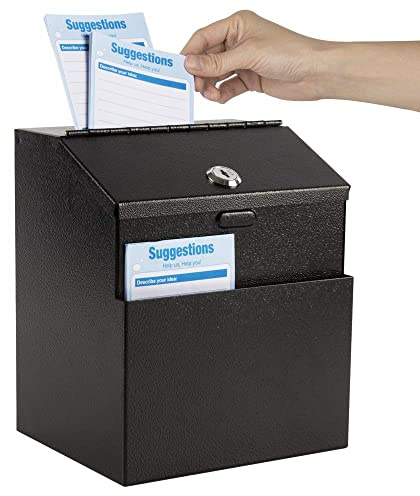 KYODOLED Suggestion Box with Lock and 50 Free Suggestion Cards, Metal Wall Mounted Ballot, Donation and Collection Key Drop Box with Slot & 2 Keys, 8H x 5.7W x 7L Inch, Black