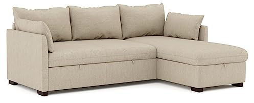 Confort24 Orlando Ecksofa mit Schlaffunktion Schlafsofa Bettfunktion Bettkasten Kleine 3 Sitzplätze Schenkelwahl Links oder rechts (beige Farbe)