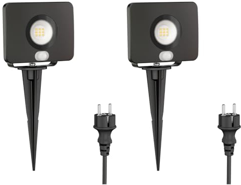ledscom.de 2 Stück LED Gartenstrahler Wega mit Erdspieß für außen mit Bewegungsmelder, schwarz 11,32W 880lm weiß