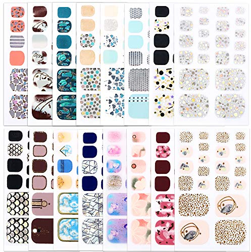 16 Feuilles 352pcs Autocollants Ongles Complet pour Pieds Faux Ongles d'Orteil Artificiel Brillants Auto-adhésifs Nail Sticker Décoration DIY Accessoire de Manucure pour Femmes Filles