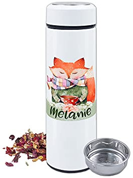 GRAZDesign Teeflasche mit Sieb to go, Thermobecher personalisiert mit Namen, Teebecher Teekanne mit Siebeinsatz, Thermosflasche Edelstahl 500ml Motiv Süßes Fuchs