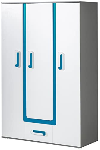 Marmex Appetito Bis19 - Kleiderschrank, dreitüriger Kleiderschrank mit Schublade, für Jugendzimmer, Kleiderschrank mit Regalen und Kleiderstange (Korpus: Anthrazit + Front: Weiß + Einsatz: Türkis)
